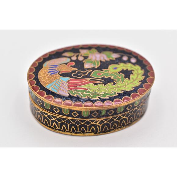 VTG Chinese Cloisonné Small 2 Vintage Chinese Cloisonné Small Enamel Phoenix Bird Lidded Pill Box Snuff Opium